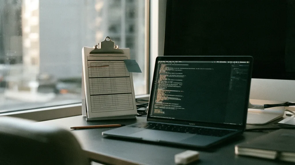 A printed decision table divided into four bands clipped beside a monitor with one row struck through in pencil and a laptop showing code below.