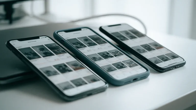 Three smartphones side by side on a desk, each showing a shopping feed whose top row of product tiles is identical while the rows below differ.