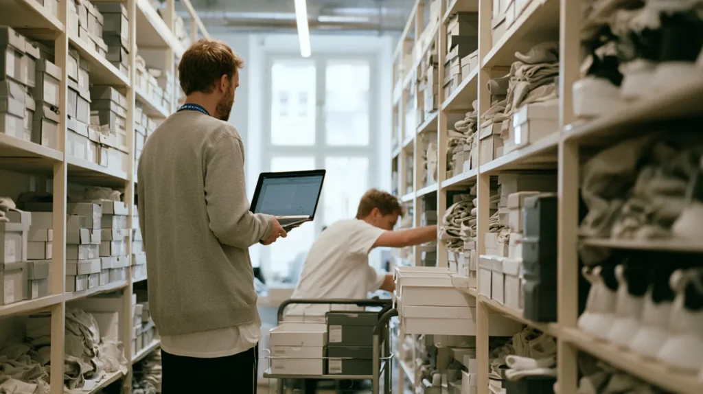 A data analyst holding a laptop in a product sample room while a merchandiser pulls a box from behind the front rows of a shelf.