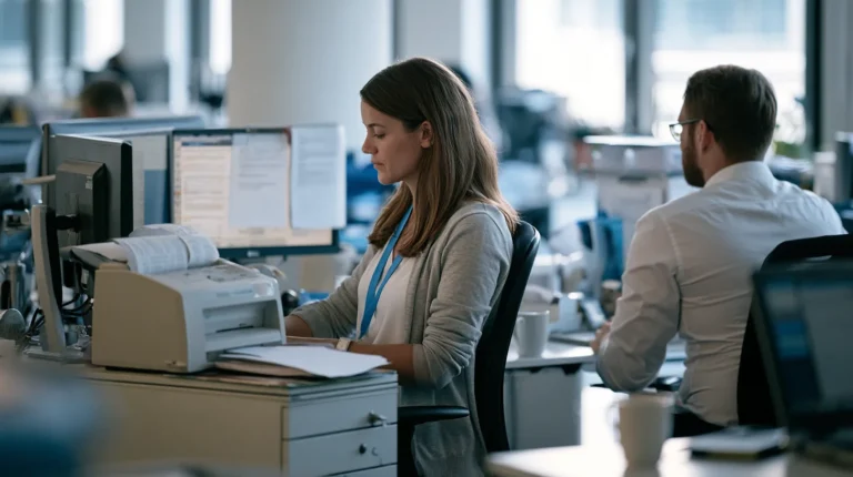 A nurse reviewer reading a request at her workstation beside a fax machine in a health insurer's review office while an integration engineer works nearby.