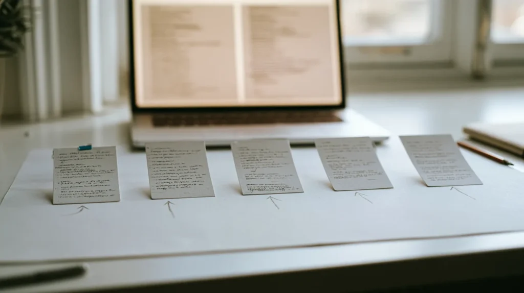 Five index cards laid in a row on a planning desk joined by pencil arrows, the first card tabbed in blue, with a laptop showing two panes behind.