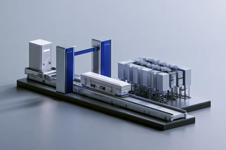 A modular assembly on a rail beside blue inspection gates and connected units