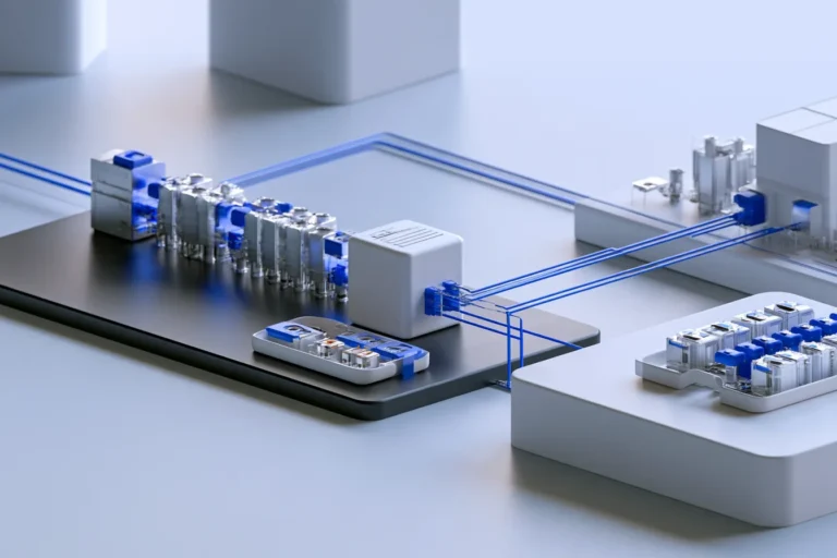 White and blue components arranged on connected platforms