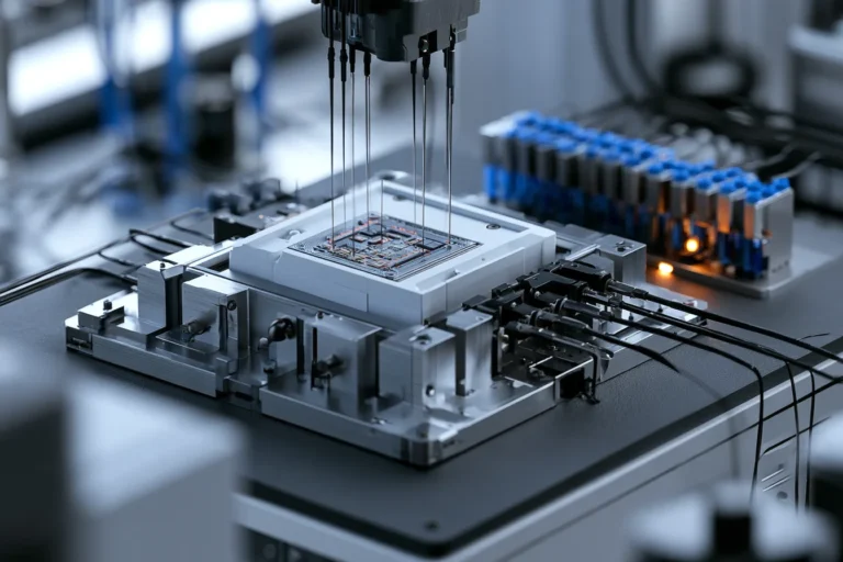 Fine probes positioned over a module in a precision test fixture