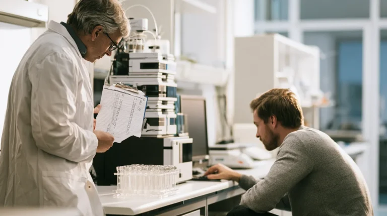 A QA specialist with a clipboard list and an IT colleague checking a workstation's asset label beside chromatography equipment in a quality control laboratory.
