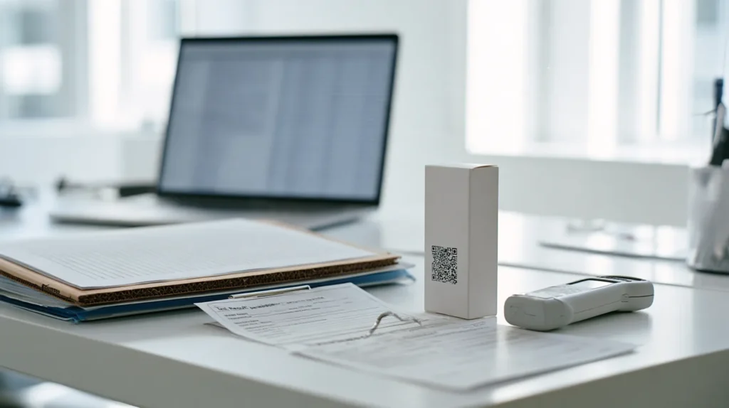 A batch record folder, a test result sheet clipped to a deviation form, a coded medicine carton and a handheld scanner on a batch release desk.