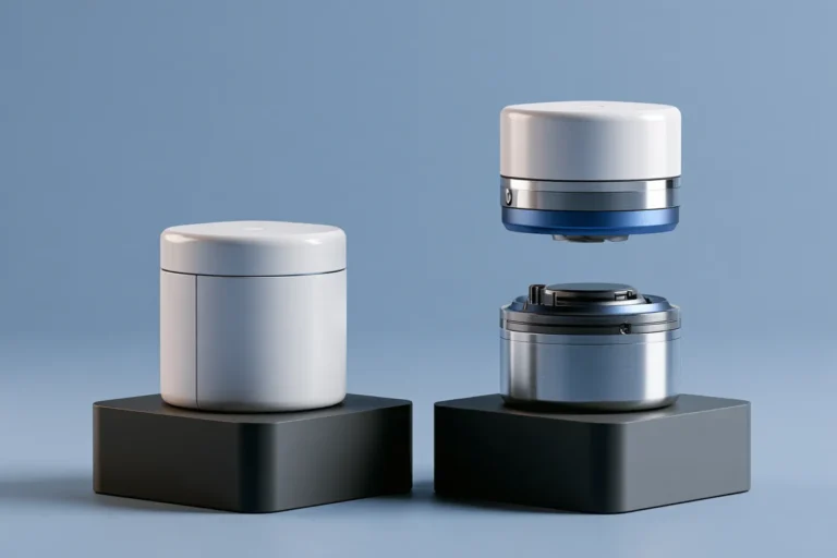 A sealed cylindrical unit beside a modular unit with its top lifted