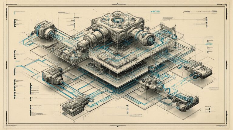 Architectural blueprint on cream paper showing stacked reasoning, tool, memory and orchestration layers of an AI agent system.