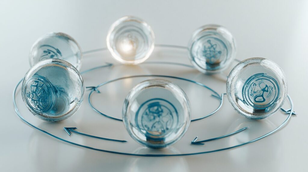 Four glass orbs arranged in a circular loop connected by blue arrows, visualizing the think-act-observe-reflect ReAct pattern.