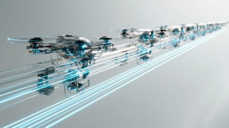 Autonomous drones gliding along a transparent conveyor with long-exposure light trails, representing autonomous AI automation trends.