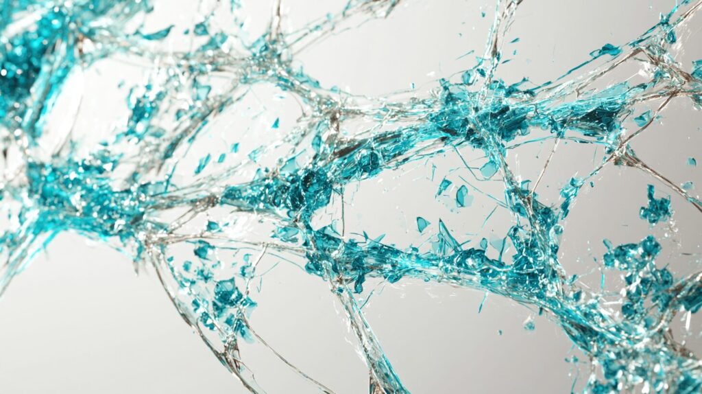 A cracked translucent glass panel reforming itself with glowing seams, symbolising AI-driven self-healing infrastructure.