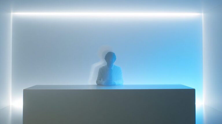 A human figure at a clean desk with a faint translucent copilot silhouette overlapping their shoulder, representing enterprise AI copilots.