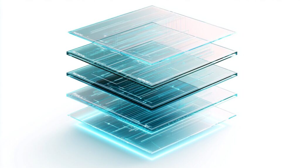 An isometric exploded diagram of five translucent plates for the model, retrieval, memory, tools and UI layers of an AI copilot.