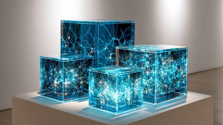 Three transparent acrylic blocks of increasing size on a pedestal, each containing a different internal neural pattern, representing AI project cost tiers.