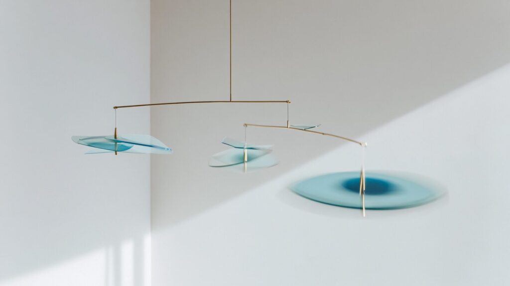 A kinetic mobile of four translucent geometric shapes balanced on thin brass rods, symbolising the four key factors of AI development cost.