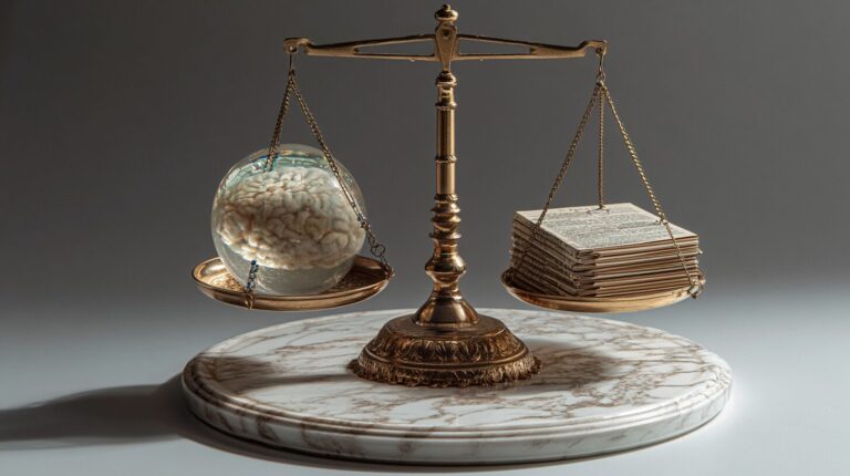 A brass balance scale with a translucent brain sphere on one pan and a stack of rulebooks on the other, symbolising responsible AI governance.