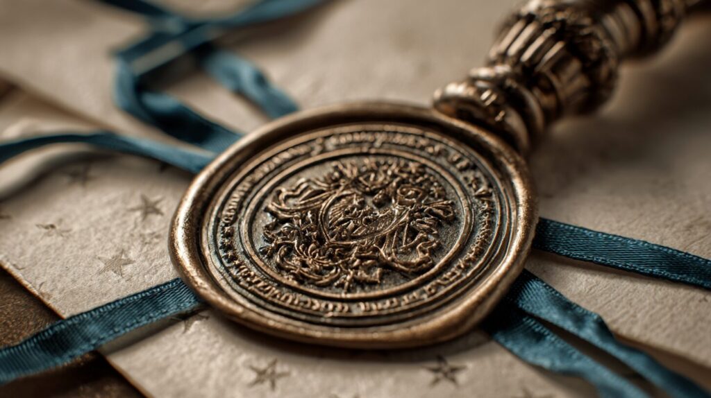 An abstract compliance seal pressed into soft wax on cream parchment with a blue ribbon, symbolising EU AI Act compliance.
