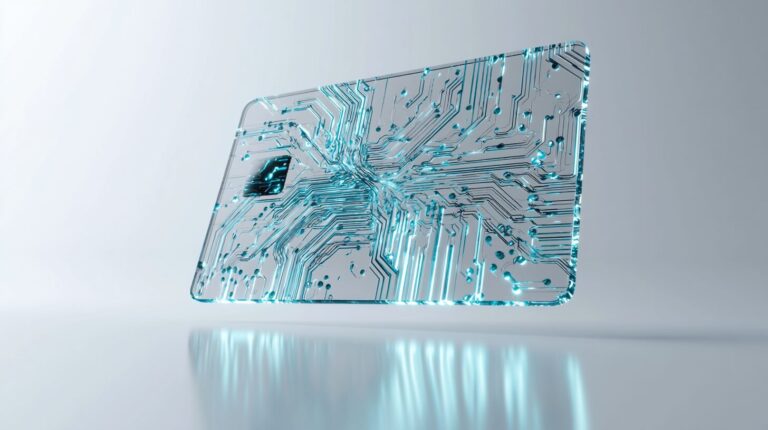 A translucent credit card with circuit traces transforming into AI neural branches, representing AI transforming financial services.