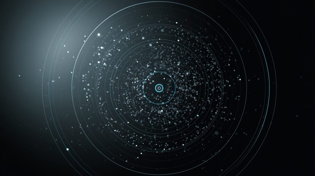An overhead radar sweep over scattered transaction dots with one flagged anomaly highlighted, illustrating AI-powered fraud detection.