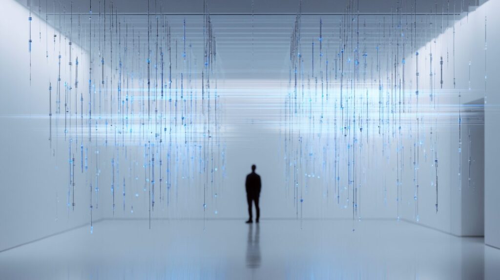 An abstract trading floor of floating translucent price candles arranged in a 3D lattice with a subtle AI silhouette observing, representing algorithmic trading.