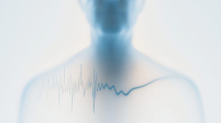A translucent human silhouette with a pulse waveform transforming into a rising prediction curve, symbolising predictive AI in healthcare.