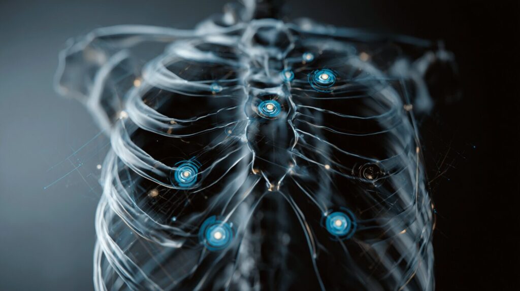 A translucent ribcage with blue analysis markers over specific regions, representing AI-assisted radiology diagnostics.