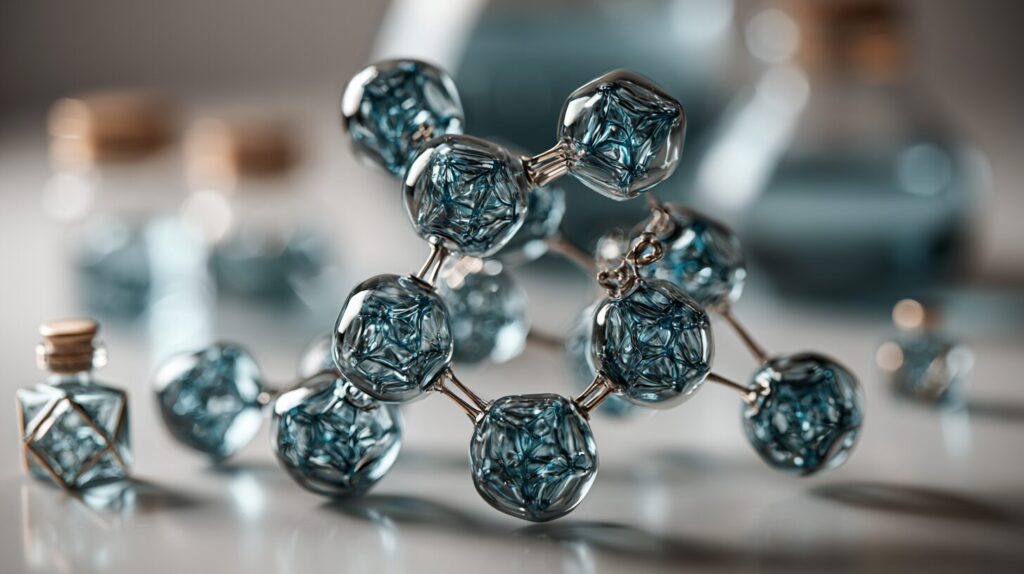 A molecular sculpture of translucent atoms bonded by metallic rods above a laboratory bench with geometric vials, symbolising AI in drug discovery.