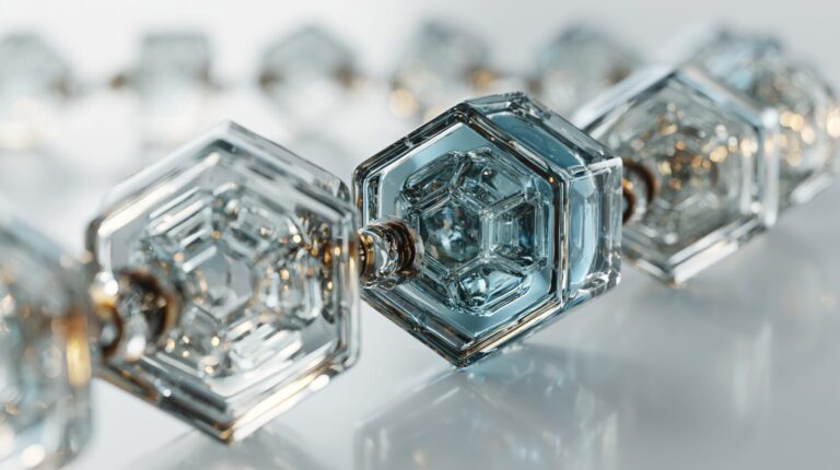 A horizontal chain of translucent glass hexagons extending into soft depth of field with a blue highlight on the middle block.