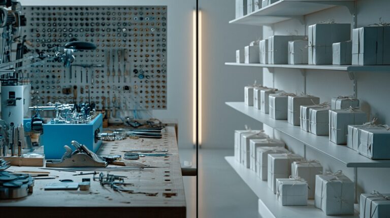 Split-screen with a craftsman workbench assembling a custom agent on the left and a retail shelf of wrapped pre-built agents on the right.