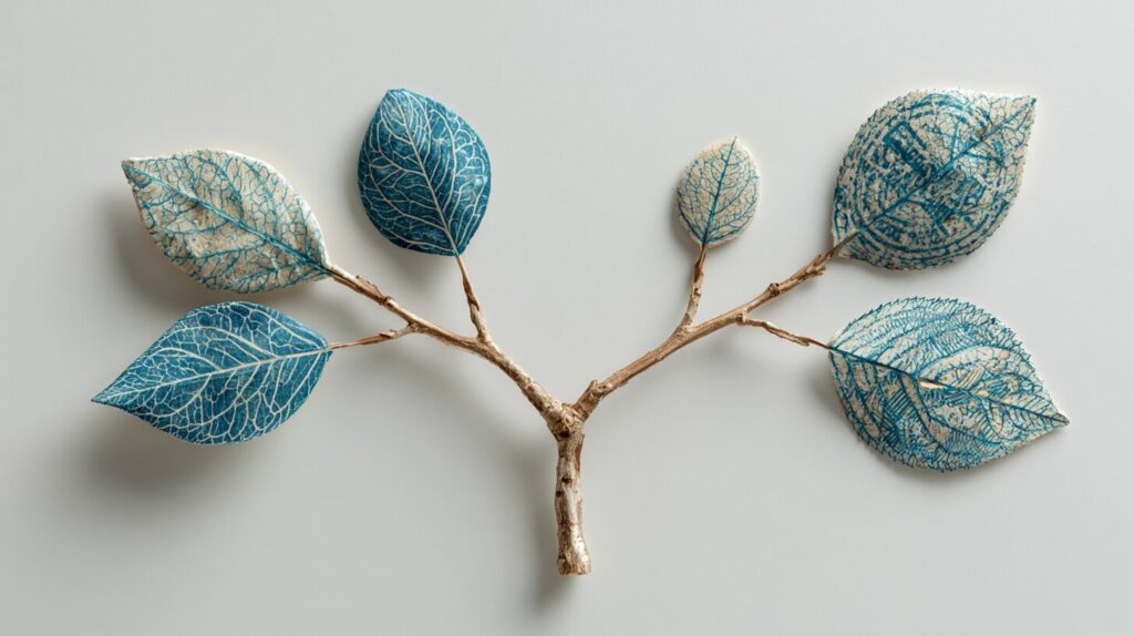 A minimalist decision tree of wooden branches bifurcating into a handcrafted leaf and a factory-stamped leaf, symbolizing the build vs buy decision.