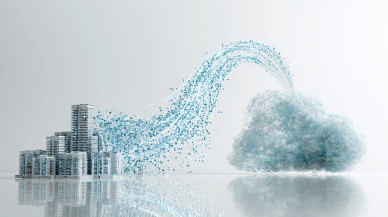 A server tower cluster on the left and a translucent cloud on the right connected by a frozen arc of luminous data packets, symbolising cloud migration.