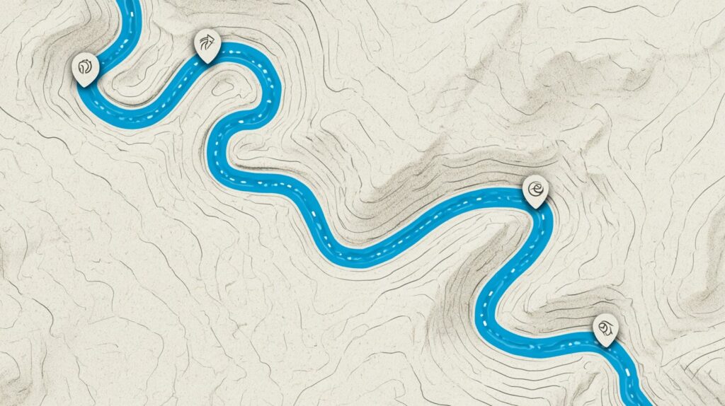 Aerial view of a winding path with four phase waypoints on a cream topographic map, representing a cloud migration roadmap.