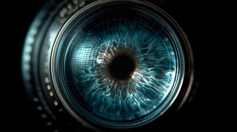 Macro close-up of a translucent camera lens element with a blue iris and faint detection grid reflections, symbolising computer vision across industries.