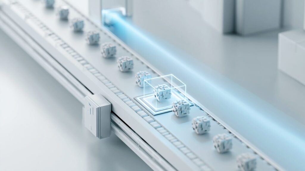 A factory conveyor with identical geometric products passing under a blue scanning beam, illustrating computer vision quality inspection in manufacturing.