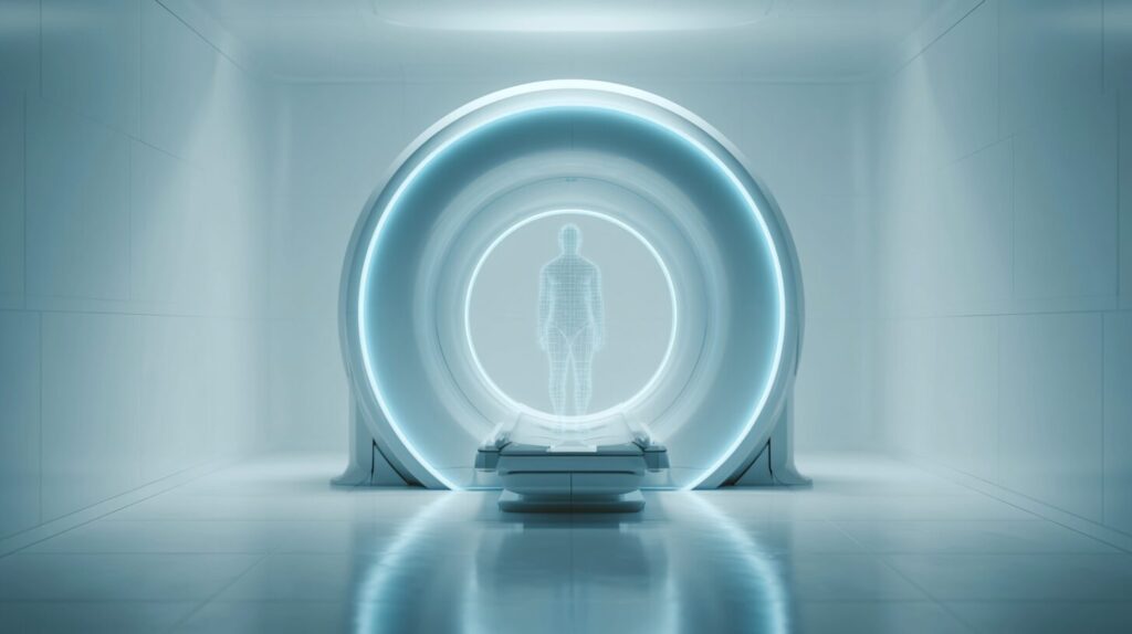 A translucent body silhouette inside an arched scanner ring with faint grid overlay, representing computer vision in medical imaging.