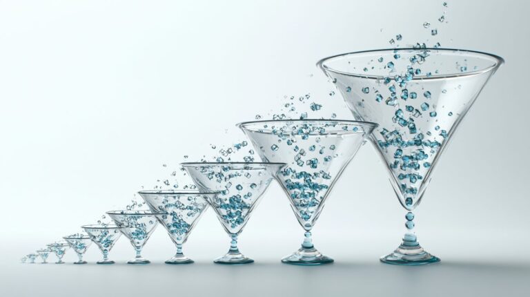 A row of translucent glass funnels of decreasing size with figure-shaped droplets passing through, representing a custom CRM lead-to-customer pipeline.