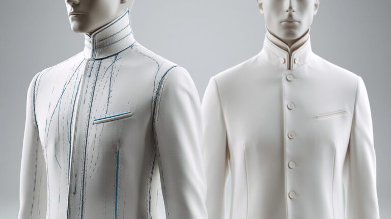 Two mannequins side by side, one wearing a bespoke hand-stitched garment and the other a mass-produced uniform, symbolising custom vs off-the-shelf AI.