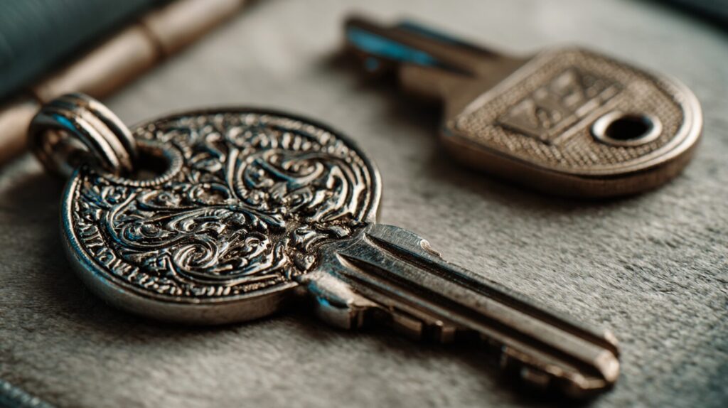 Macro close-up of a custom-machined key beside a generic key on pale velvet with a blue glint on the custom key.