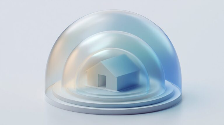 A small startup building protected by three translucent concentric shield domes, symbolising layered cybersecurity defense.