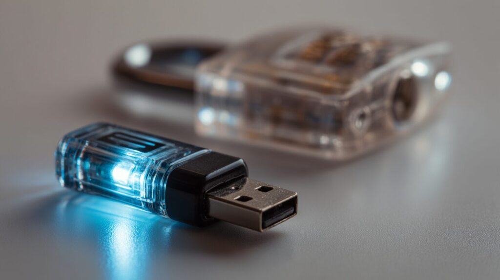 Macro close-up of a hardware security key beside a translucent padlock with a blue LED glint, representing multi-factor authentication.