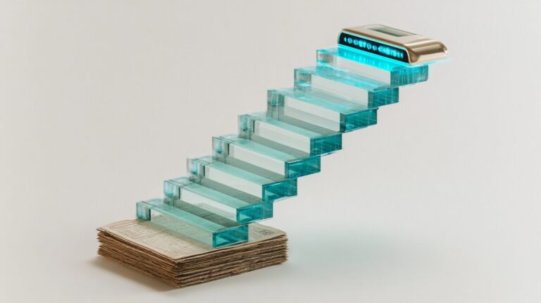 A diagonal staircase of translucent glass steps rising from a vintage ledger to a glowing modern dashboard, symbolising digital transformation ROI.