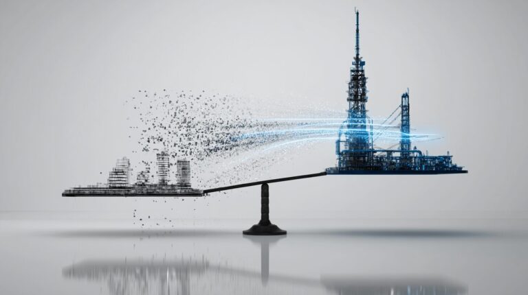 A minimalist enterprise building balanced on a narrow fulcrum with a pilot prototype on one side and a scaled production system on the other.