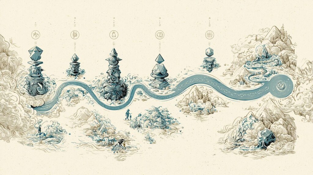 A winding path on a pale map with five waypoint markers and a tiny traveler figure near the start, showing the journey from AI pilot to production scale.
