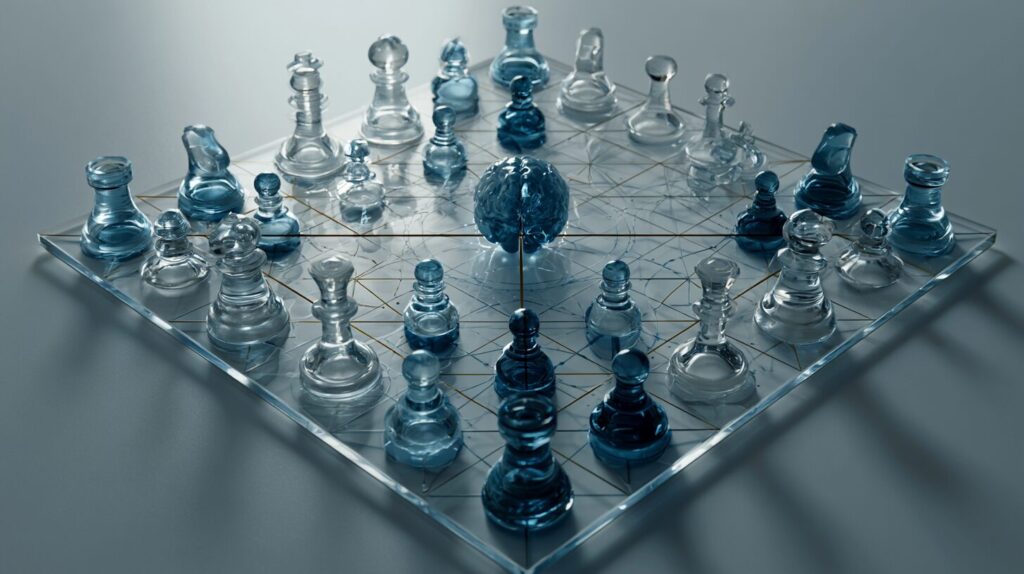 Overhead chess-like board with translucent pieces representing enterprise departments surrounding a central AI core piece.