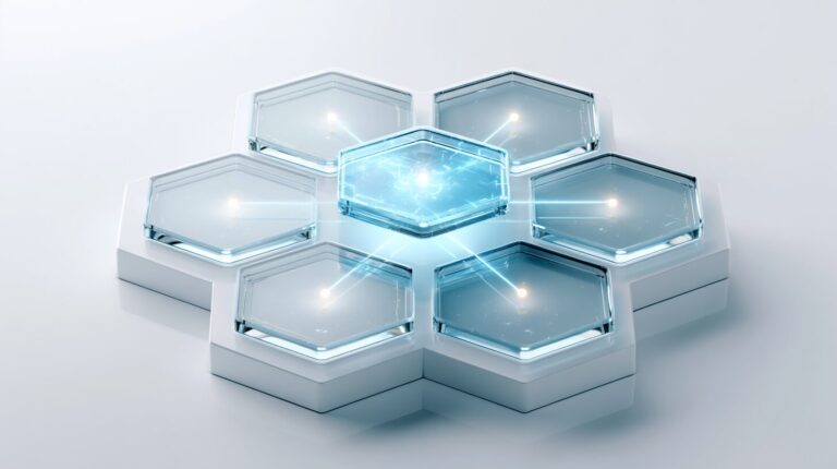 An isometric platform of six interlocking translucent hexagonal tiles with a central glowing tile and data beams, representing modular ERP architecture.