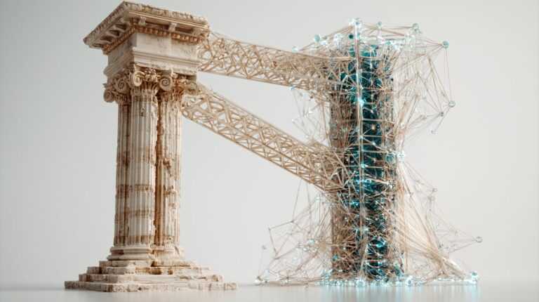 A classical stone bank column dissolving into a modern translucent AI node cluster connected by a thin lattice bridge, symbolising hybrid finance in 2026.