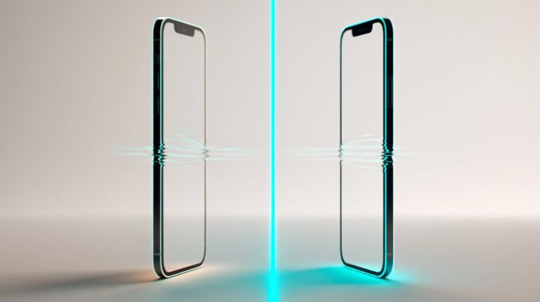 Two minimalist phone silhouettes emitting contrasting teal and cyan ripples, comparing Flutter and React Native cross-platform mobile frameworks.