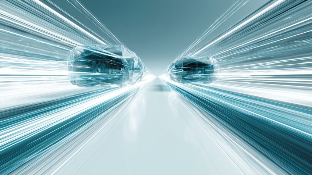 Two translucent capsules accelerating along a clean white track with long-exposure light trails, visualising mobile framework performance.