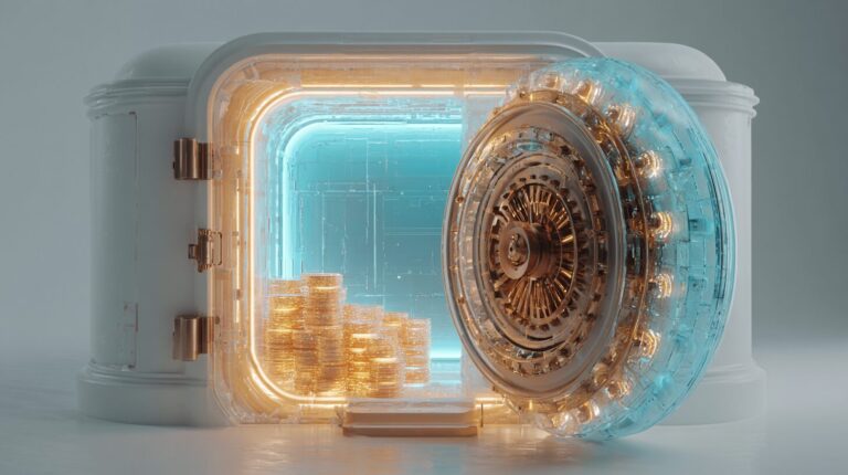 A translucent coin suspended by a taut blue thread anchored to a dollar anchor on a pale surface, visualising the stablecoin peg.