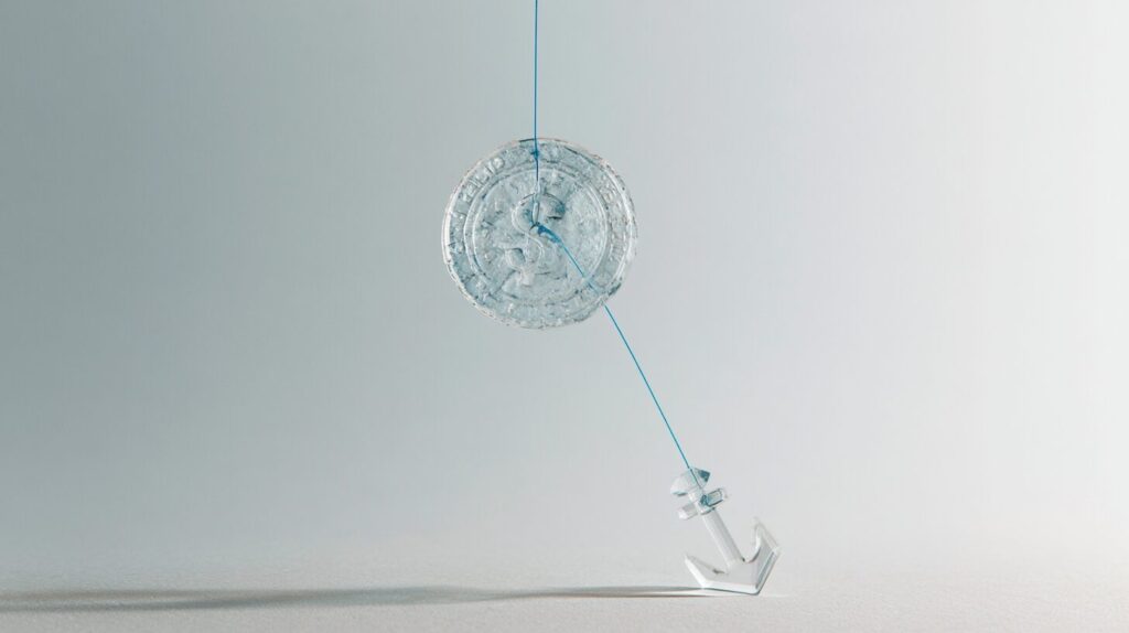 A translucent vault door slightly open revealing neat stacks of glowing coins inside, representing stablecoin reserve backing.